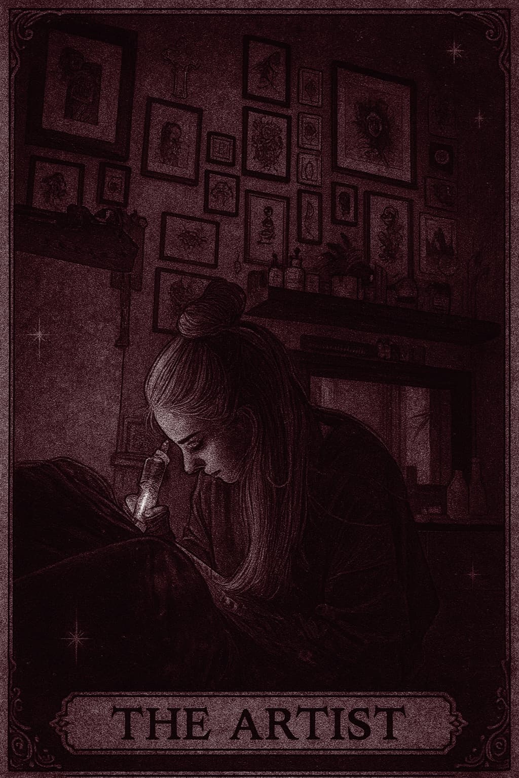 Karta tarota przedstawiająca atrystkę podczas tatuowania